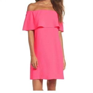 Charles Henry Off The Shoulder Mini Ruffle Sheath Dress Hot Pink Crepe- L